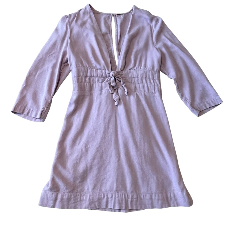 Free People Lavender Purple Tie Front V-Neck Mini Dress 3/4 Sleeve Boho Smocked